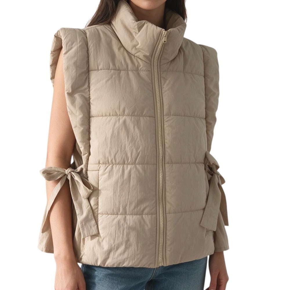 ENTRO Khaki NYLON Full-Zip TIE SIDES Pockets STAND COLLAR Quilted Puffer Vest M